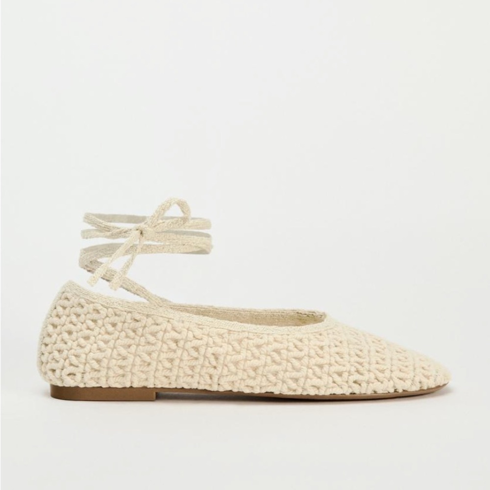 Zara Cream Crochet Ankle Tie Ballet Flats